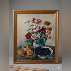 Vintage Henk Bos Signed Still Life Floral and Fruit Print in Wood Frame 18x22”